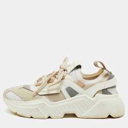 Pre Owned Dolce & Gabbana White/Beige Knit Fabric and Leather Daymaster Sneakers Size 37.5