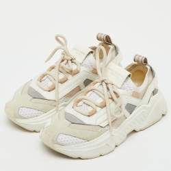 Pre Owned Dolce & Gabbana White/Beige Knit Fabric and Leather Daymaster Sneakers Size 37.5