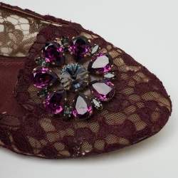 Pre Owned Dolce & Gabbana Burgundy Lace Crystal Embellished Taormina Ballet Flats Size 39