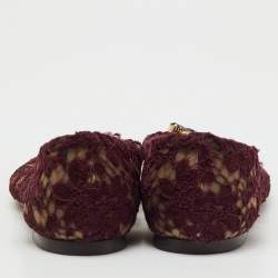 Pre Owned Dolce & Gabbana Burgundy Lace Crystal Embellished Taormina Ballet Flats Size 39