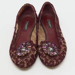 Pre Owned Dolce & Gabbana Burgundy Lace Crystal Embellished Taormina Ballet Flats Size 39
