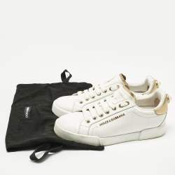Pre Owned Dolce & Gabbana White/Gold Leather Portofino Pearl Embellished Low Top Sneakers Size 37.5