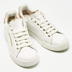 Pre Owned Dolce & Gabbana White/Gold Leather Portofino Pearl Embellished Low Top Sneakers Size 37.5