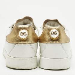 Pre Owned Dolce & Gabbana White/Gold Leather Portofino Pearl Embellished Low Top Sneakers Size 37.5