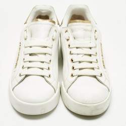 Pre Owned Dolce & Gabbana White/Gold Leather Portofino Pearl Embellished Low Top Sneakers Size 37.5