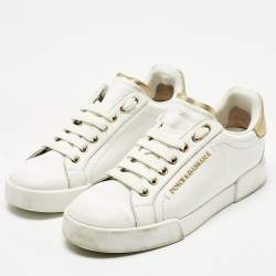 Pre Owned Dolce & Gabbana White/Gold Leather Portofino Pearl Embellished Low Top Sneakers Size 37.5
