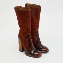 Pre Owned Dolce & Gabbana Brown Patent Leather and Calf Hair Calf Length Boots Size 39