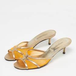 Pre Owned Dolce & Gabbana Gold/Orange Leather and Mesh Slide Sandals Size 39.5