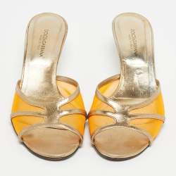 Pre Owned Dolce & Gabbana Gold/Orange Leather and Mesh Slide Sandals Size 39.5