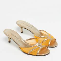 Pre Owned Dolce & Gabbana Gold/Orange Leather and Mesh Slide Sandals Size 39.5