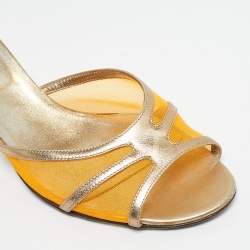 Pre Owned Dolce & Gabbana Gold/Orange Leather and Mesh Slide Sandals Size 39.5