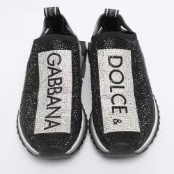 Pre Owned Dolce & Gabbana Black/Silver Crystal Embellished Knit Fabric Sorrento Sneakers Size 38