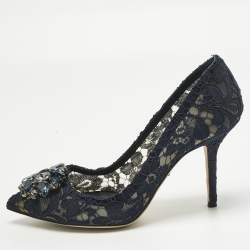 Pre Owned Dolce & Gabbana Navy Blue Lace Crystal Embellished Bellucci Pointed Toe Pumps Size 39