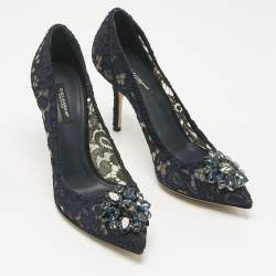 Pre Owned حذاء كعب عالي دولتشي أند غابانا بلوشي مقدمة مدببة مزخرف كريستال دانتيل أزرق كحلي مقاس 37.5