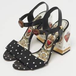 Pre Owned Dolce & Gabbana White/Black Leather Heart Buckle Polka Dot Cady Sandals Size 39.5