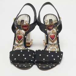 Pre Owned Dolce & Gabbana White/Black Leather Heart Buckle Polka Dot Cady Sandals Size 39.5