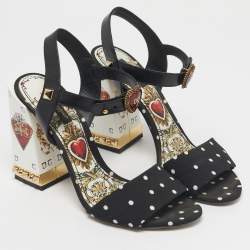 Pre Owned Dolce & Gabbana White/Black Leather Heart Buckle Polka Dot Cady Sandals Size 39.5