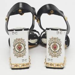 Pre Owned Dolce & Gabbana White/Black Leather Heart Buckle Polka Dot Cady Sandals Size 39.5