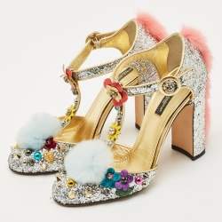 Pre Owned Dolce & Gabbana Silver Glittered and Leather Fluffy Mary Jane Pumps Size 37.5