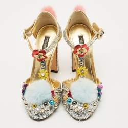 Pre Owned Dolce & Gabbana Silver Glittered and Leather Fluffy Mary Jane Pumps Size 37.5