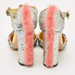 Pre Owned Dolce & Gabbana Silver Glittered and Leather Fluffy Mary Jane Pumps Size 37.5