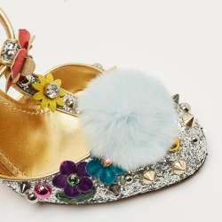 Pre Owned Dolce & Gabbana Silver Glittered and Leather Fluffy Mary Jane Pumps Size 37.5