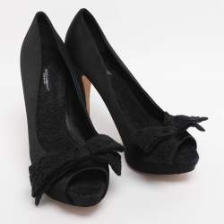 Pre Owned Dolce & Gabbana Black Satin Lace Bow Platform Pumps Size 39