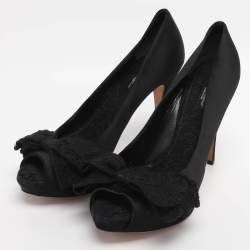 Pre Owned Dolce & Gabbana Black Satin Lace Bow Platform Pumps Size 39