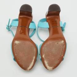 Pre Owned Dolce & Gabbana Blue Lizard Embossed Leather Embellished Block Heel Ankle Strap Sandals Size 35