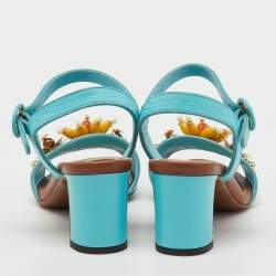 Pre Owned Dolce & Gabbana Blue Lizard Embossed Leather Embellished Block Heel Ankle Strap Sandals Size 35