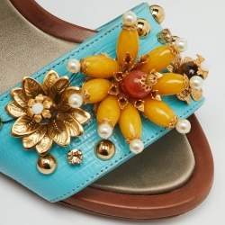 Pre Owned Dolce & Gabbana Blue Lizard Embossed Leather Embellished Block Heel Ankle Strap Sandals Size 35