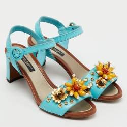 Pre Owned Dolce & Gabbana Blue Lizard Embossed Leather Embellished Block Heel Ankle Strap Sandals Size 35
