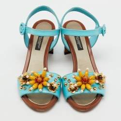 Pre Owned Dolce & Gabbana Blue Lizard Embossed Leather Embellished Block Heel Ankle Strap Sandals Size 35