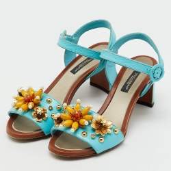 Pre Owned Dolce & Gabbana Blue Lizard Embossed Leather Embellished Block Heel Ankle Strap Sandals Size 35