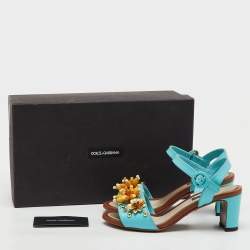 Pre Owned Dolce & Gabbana Blue Lizard Embossed Leather Embellished Block Heel Ankle Strap Sandals Size 35