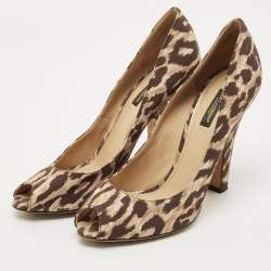Pre Owned Dolce & Gabbana Brown/Beige Leopard Print Canvas Peep Toe Pumps Size 39