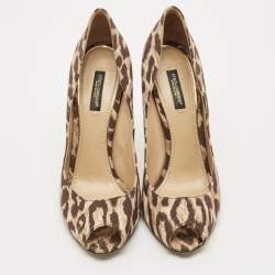 Pre Owned Dolce & Gabbana Brown/Beige Leopard Print Canvas Peep Toe Pumps Size 39