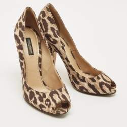 Pre Owned Dolce & Gabbana Brown/Beige Leopard Print Canvas Peep Toe Pumps Size 39