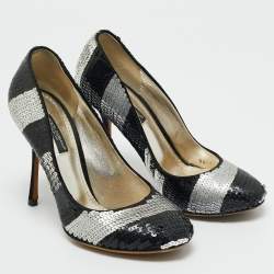 Pre Owned Dolce and Gabbana Black/Silver Sequin Round Toe Pumps Size 36.5