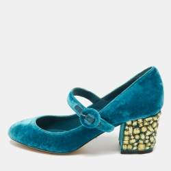 Pre Owned Dolce & Gabbana Blue Velvet Crystal Embellished Mary Jane Pumps Size 36.5