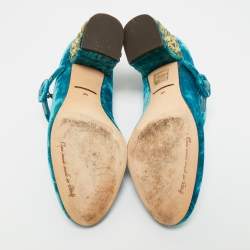 مملوكة مسبقًا Dolce & Gabbana Blue Velvet Crystal Embellished Mary Jane Pumps Size 36.5