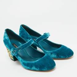 مملوكة مسبقًا Dolce & Gabbana Blue Velvet Crystal Embellished Mary Jane Pumps Size 36.5