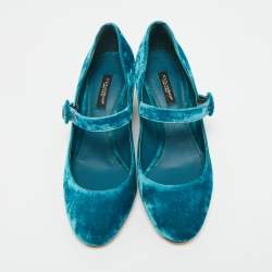 مملوكة مسبقًا Dolce & Gabbana Blue Velvet Crystal Embellished Mary Jane Pumps Size 36.5