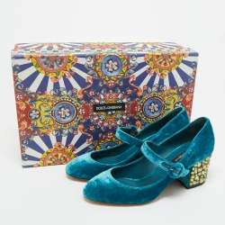 مملوكة مسبقًا Dolce & Gabbana Blue Velvet Crystal Embellished Mary Jane Pumps Size 36.5