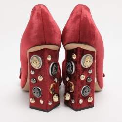 Pre Owned Dolce & Gabbana Red Velvet Jackie Embellished Block Heel Pumps Size 39