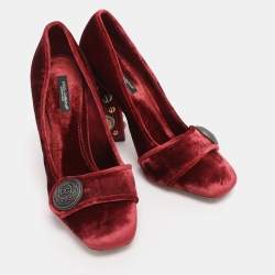 Pre Owned Dolce & Gabbana Red Velvet Jackie Embellished Block Heel Pumps Size 39