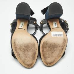 Pre Owned Dolce & Gabbana Black Lizard Embossed Leather and Velvet T Strap Sandals Size 40