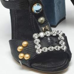 Pre Owned Dolce & Gabbana Black Lizard Embossed Leather and Velvet T Strap Sandals Size 40