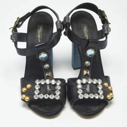 Pre Owned Dolce & Gabbana Black Lizard Embossed Leather and Velvet T Strap Sandals Size 40
