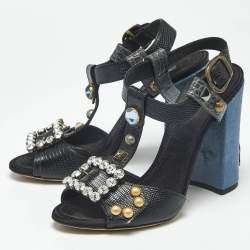 Pre Owned Dolce & Gabbana Black Lizard Embossed Leather and Velvet T Strap Sandals Size 40